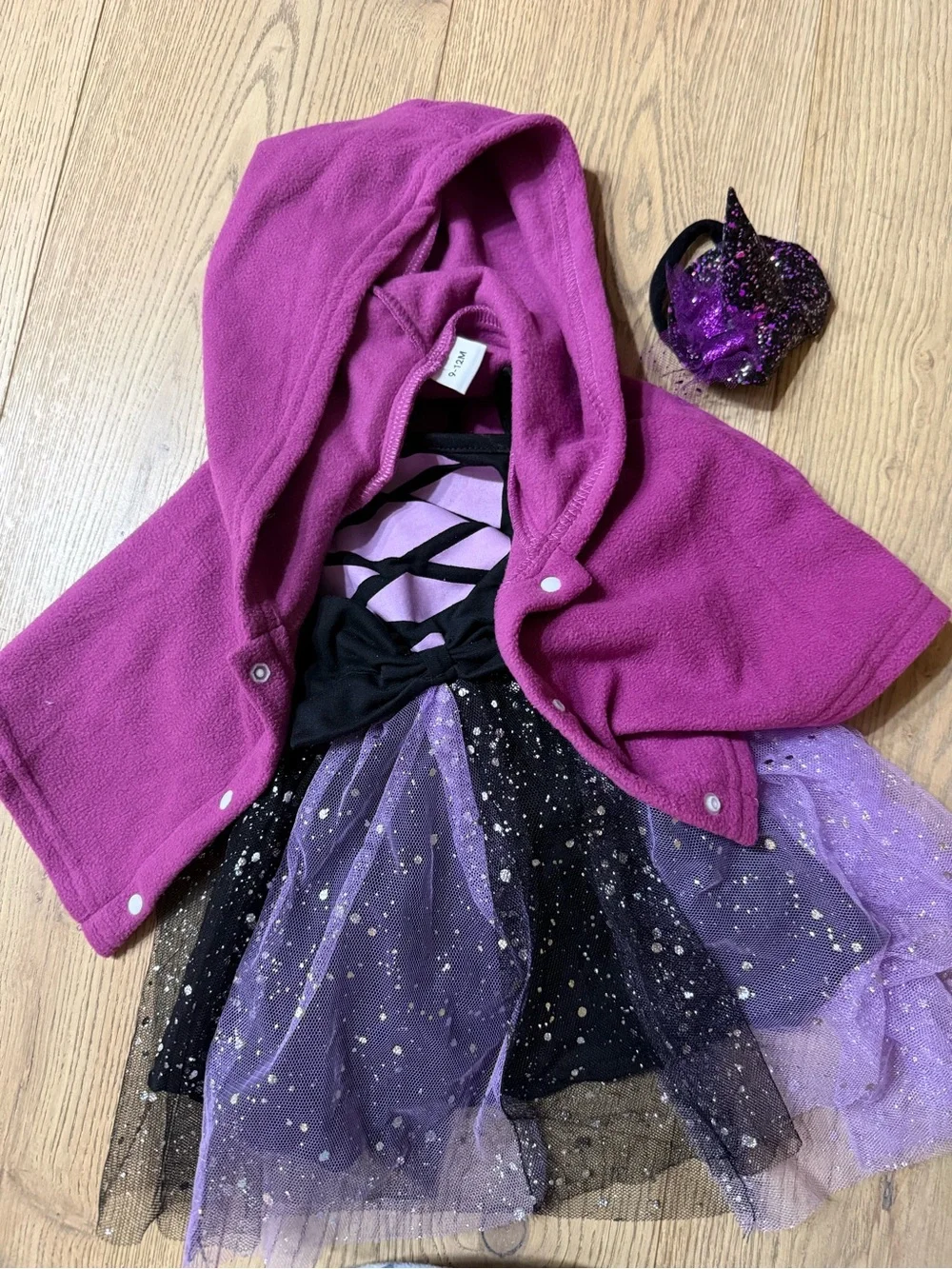 9-12mo FULL Baby Witch Costum Purple Hooded Cape & Sparkle Tulle Witch Dress Set